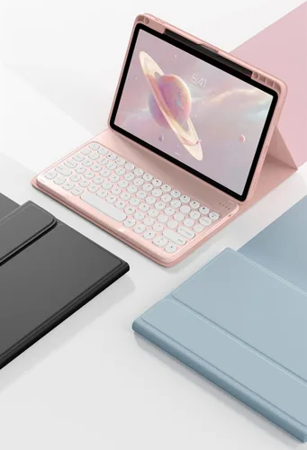 Vista 6 de Funda de teclado compatible con iPad de 9ª, 8ª y 7ª generación, Air 3ª generación Pro de 10.5, con mouse Bluetooth, tecla redonda, lindo teclado