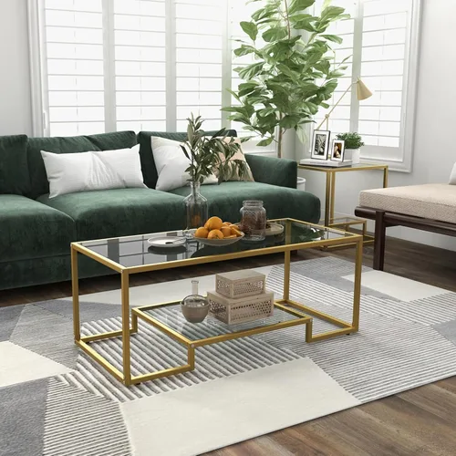 Vista 3 de NAFORT Mesa de centro de cristal templado, mesa central moderna rectangular dorada de 45 pulgadas con estante de almacenamiento inferior