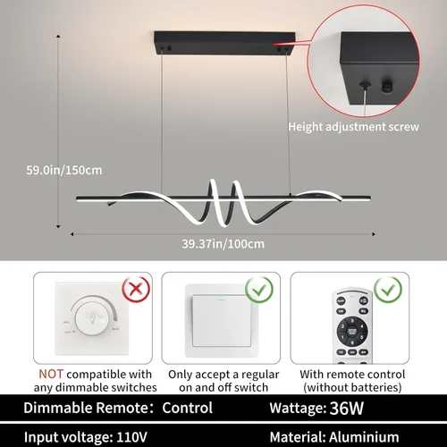 Vista 3 de Lámpara colgante LED moderna, lámpara de araña negra de 39.37 pulgadas regulable con control remoto y teléfono, temperatura de color ajustable