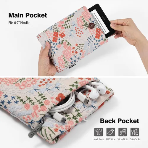 Vista 5 de MoKo Funda protectora acolchada bordada de margaritas de 6-7 pulgadas para Kindle Colorsoft Signature Edition 2024 de 7 pulgadas, Kindle Beige
