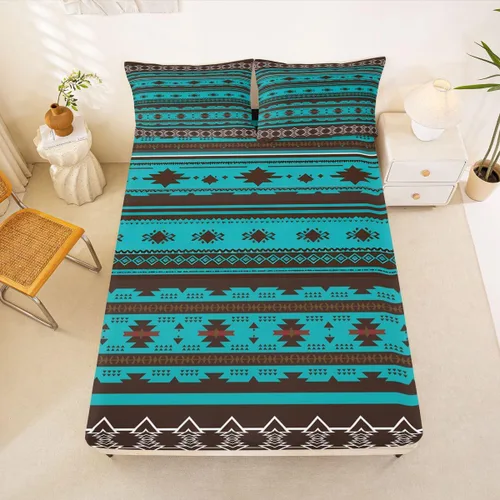 Vista 15 de Juego de ropa de cama de estilo bohemio occidental, tamaño individual, diseño de vaca atrapasueños, sábana bajera ajustable del suroeste, tribu