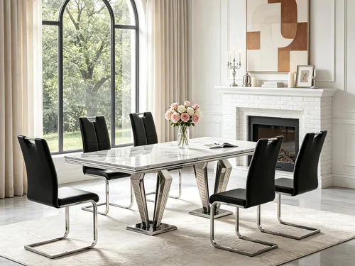 Vista 48 de 5 Piece Black Marble Dining Table Set for 4, Modern Faux Marble Kitchen Dining Room Tables with 4 Leather Chairs Set, 68.11" Luxury Rectangular