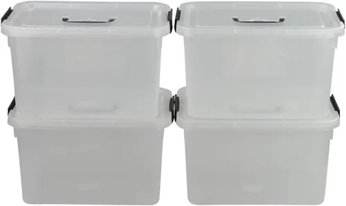 Vista 6 de Caja de almacenamiento de plástico de 10 L, caja de pestillo transparente con asa, juego de 4 Pestillos de bloqueo apretado, para armario, garaje