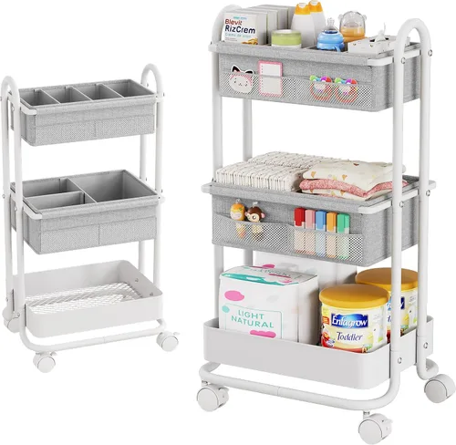 Vista 10 de Modanais Carrito organizador de pañales para bebé, carrito de almacenamiento rodante de 3 niveles con ruedas, artículos esenciales para bebé