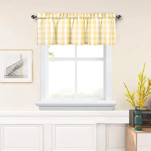 Vista 10 de Amzdecor Cortina de lino con cenefa a cuadros blancos y negros, con bolsillo para barra, rústica, para cocina, sala de estar, dormitorio, 1 panel