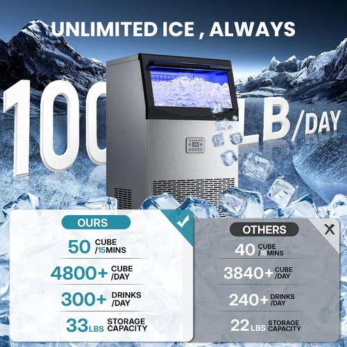 Vista 3 de Manastin Máquina de hielo comercial, máquina de hielo grande de 100 libras/24 horas con capacidad de almacenamiento de 33 libras, máquina de hielo