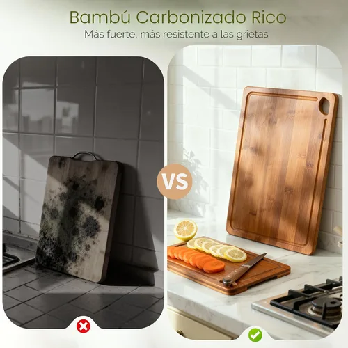 Vista 9 de Astercook Tablas de cortar de bambú carbonizado profundo para cocina con soporte de almacenamiento de madera, charcutería reversible y tablas