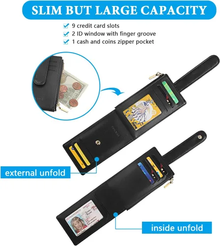 Vista 2 de FUNTOR - Carteras pequeñas para mujer, soporte delgado y plegable para tarjetas de crédito con bolsillo para monedas con cremallera, A: Negro