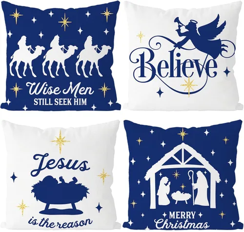 Vista 8 de Fundas de Almohada de Navidad de 12x20 Pulgadas, Juego de 4, Fundas de Almohada Religiosas de Natividad, Fundas de Almohada Decorativas Rojas