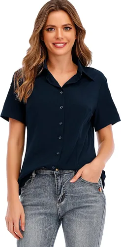 Vista 10 de Camisas básicas de oficina con cuello y botones para mujer, de fácil cuidado, de manga corta, con elástico