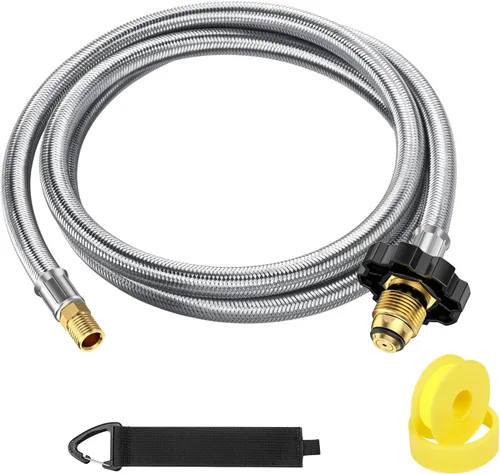 Vista 5 de Extensión de manguera de tanque de propano POL RV de 6 pies, tanque de propano POL a llamarada macho invertida de 1/4 pulgadas, conexión de tanque