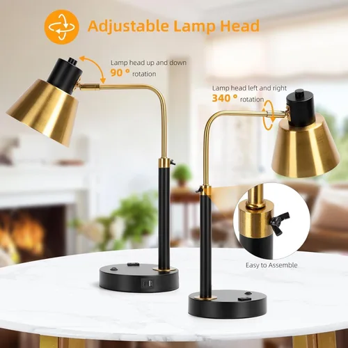 Vista 2 de Lámpara de escritorio con doble puerto de carga USB, lámpara de mesa de metal resistente, brazos giratorios de 340 grados, fácil montaje con guía