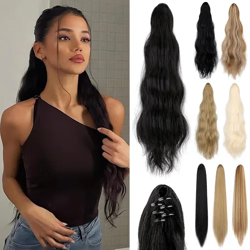 Vista 10 de Extensión de cola de caballo de 22 pulgadas y 24 pulgadas de largo, ondulado y lacio, extensiones de cabello sintético de aspecto natural