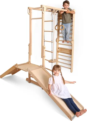 Vista 10 de Goodevas Mejora el marco de escalada interior 9 en 1 para niños, marco de escalada Montessori con tobogán, columpio, pared de escalada, triángulo