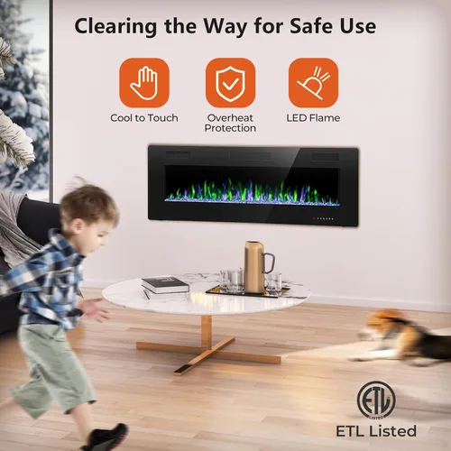Vista 4 de Crzoe Chimenea eléctrica, empotrada y montada en la pared con control remoto, temporizador, color de llama ajustable y velocidad, insertos
