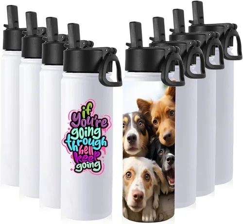 Vista 24 de Volhoply Botellas de agua aisladas de 22 onzas con tapa con popote, botella deportiva de acero inoxidable con asa, vasos de agua de viaje de metal