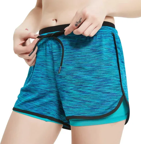 Vista 5 de Riboom - Pantalones cortos de doble capa para mujer, para entrenamiento, fitness, correr, yoga, gimnasio, deportes.