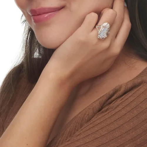 Vista 4 de PalmBeach - Anillo de plata de ley 925 con perla blanca o malva cultivada con topacio blanco redondo o perla de pavo real con topacio azul