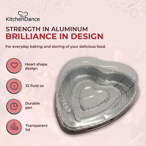 Vista 3 de KitchenDance - Molde de aluminio desechable en forma de corazón con tapa de cúpula a presión, sartén de papel de aluminio de 8 pulgadas perfecto