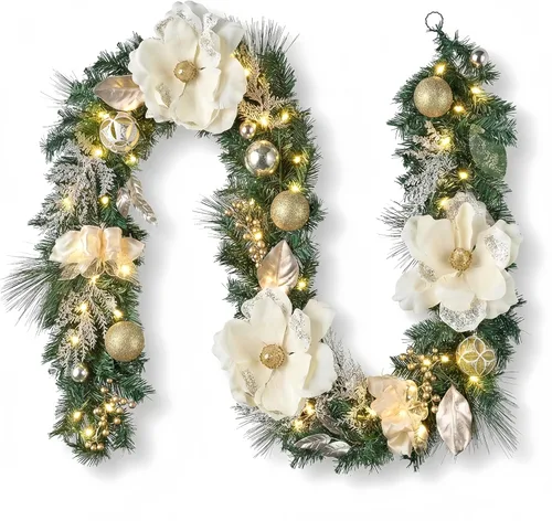 Vista 7 de Valery Madelyn Guirnalda de Navidad preiluminada de 6 pies (1.8 m) con luces para repisa, guirnalda de Navidad iluminada para exteriores con bolas
