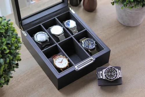 Vista 7 de CASE ELEGANCE Caja de reloj moderna 2x3 acabado negro con mango de aluminio personalizado 6 ranuras con vidrio real