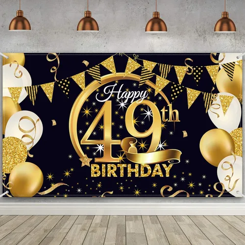 Vista 9 de Decoración de fiesta de cumpleaños número 15, cartel póster de tela extra grande negro y dorado para telón de fondo de cabina de fotos