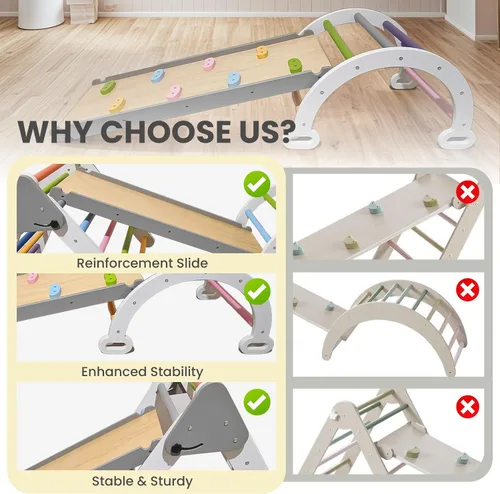 Vista 8 de Pikler - Juego de escalada triangular para niños pequeños 7 en 1, juego de escalador de interior de arco iris, plegable, juguete de escalada