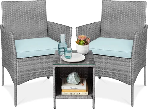 Vista 16 de Best Choice Products Juego de 3 piezas de mimbre para conversación al aire libre, muebles de patio que ahorran espacio para jardín con mesa