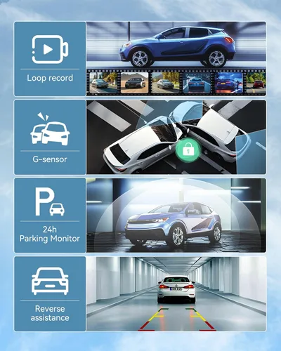 Vista 6 de Cámara de espejo retrovisor de 12'' con CarPlay y Android Auto, cámara de tablero de 4K, cámara frontal y trasera con asistencia de marcha