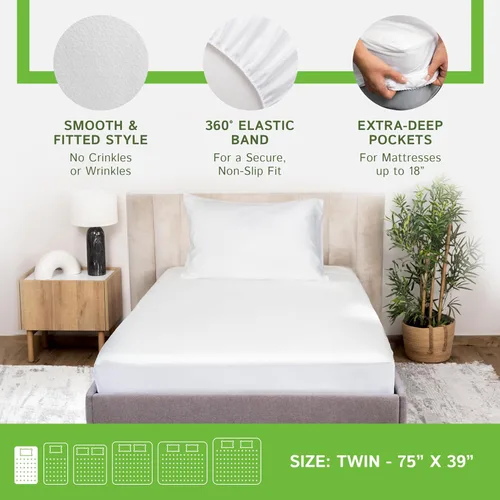Vista 4 de Four Seasons Essentials Protector de colchón impermeable de tamaño individual – Viscosa refrescante derivada de la funda de colchón de sábana bajera