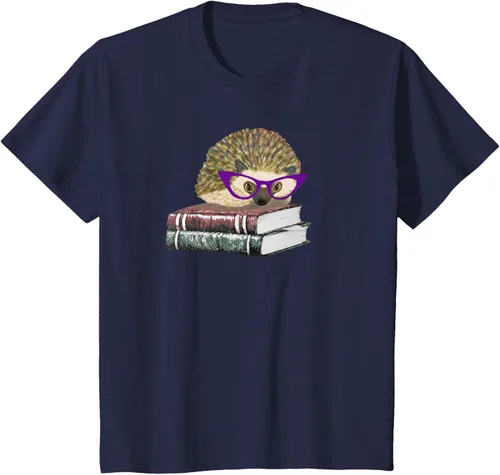 Vista 20 de Adorable erizo libro NERD playera de manga corta, Marino Negro
