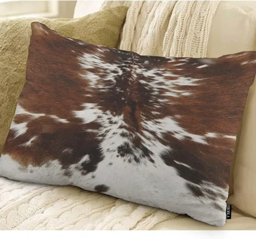 Vista 2 de EKOBLA Funda de almohada decorativa lumbar de algodón con estampado de piel de vaca marrón tricolor, funda de almohada cuadrada de piel de animal