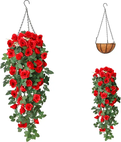 Vista 7 de Flores colgantes artificiales falsas, rosas colgantes, plantas colgantes de vid para porche, pared de alero, hogar, habitación, jardín, oficina