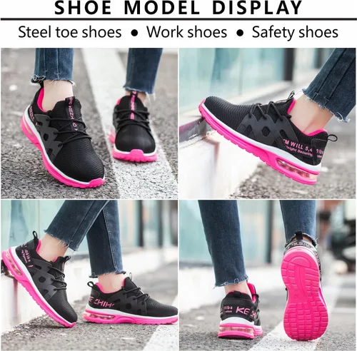 Vista 6 de Kezhiho Zapatos de punta de acero para mujer, con amortiguación de aire, ligeros, cómodos, transpirables, a prueba de pinchazos, antideslizantes
