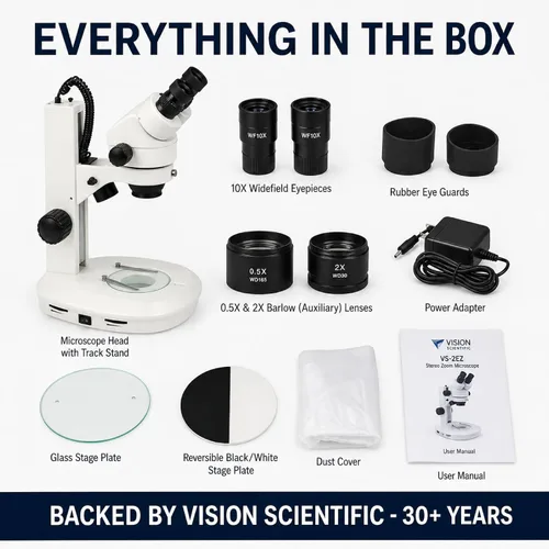 Vista 7 de Microscopio estéreo con zoom binocular VS-2EZ, ocular de campo ancho 10x, rango de zoom de 0.7X—4.5X, rango de aumento de 3.5X—90x, lente auxiliar