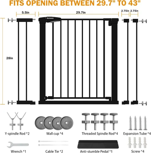 Vista 2 de Puerta de bebé para escaleras, puerta de perro con cierre automático de 29.7-43 pulgadas para puertas y pasillos, puerta para mascotas montada a