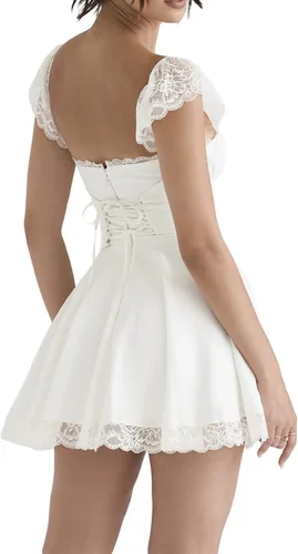 Vista 5 de Y2K - Mini vestido de encaje para mujer, con tirantes delgados, sin mangas, espalda descubierta, corte bajo, vestido de fiesta corto para club