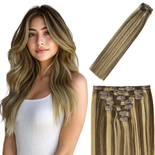 Vista 13 de Extensiones de cabello humano real con broches, 4.23 oz, 7 unidades, extensiones de cabello humano real con clip, de 14 pulgadas, rubio ceniza a