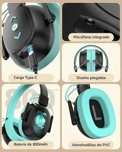 Vista 8 de Orejeras de seguridad Bluetooth 6.0 para niños, auriculares con cancelación de ruido SNR de 29 dB con reducción de ruido de bloqueo de 94 dB, tiempo