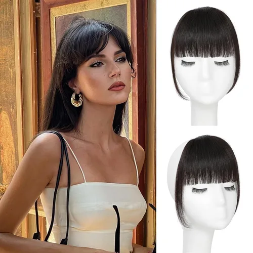 Vista 10 de YBYMCAI Flequillo con clip - Flequillo de pelo humano real, flequillo marrón negro, flequillo falso, flequillo de pelo humano, flequillo tenue