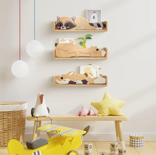 Vista 8 de 3 estantes flotantes, estante de pared para habitaciones de niños, estanterías de guardería de bosque, zorro de oso y mapache de 24 pulgadas