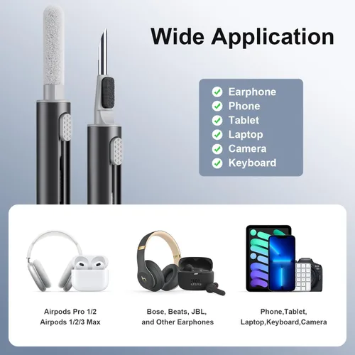 Vista 5 de Kit limpiador para Airpods Pro 1 2 3 pluma de limpieza multifunción con cepillo suave esponja flocado para auriculares Bluetooth, herramientas