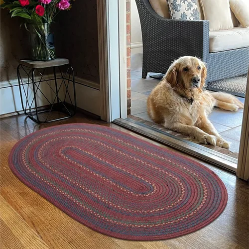 Vista 128 de Homespice Apple Pie - Alfombra ovalada roja de 2 x 3 pies, alfombra de cocina trenzada para decoración primitiva y rústica, reversible, yute sin