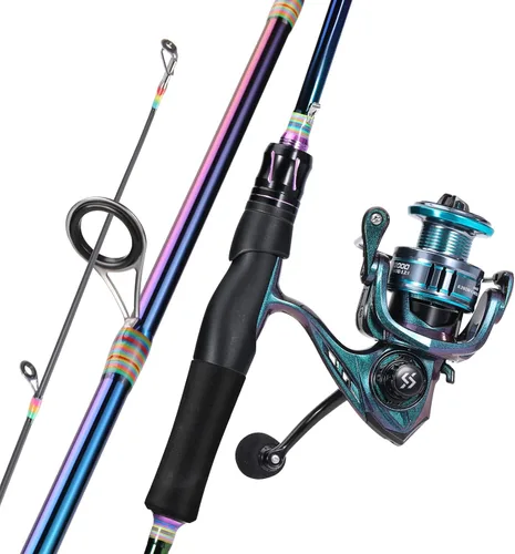 Vista 10 de Sougayilang Combo de caña de pescar giratoria, dos piezas de caña de pescar colorida Poratble de peso ligero con potente equipo de pesca para pesca