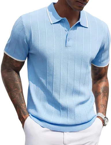 Vista 98 de COOFANDY Camisas polo de punto para hombre de manga corta con textura acanalada Camisas de golf casuales y ligeras con cuello Camiseta de polo