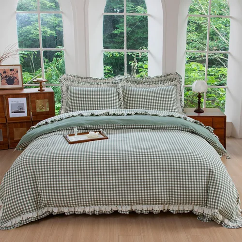 Vista 17 de FADFAY Twin 100% Washed Cotton Black & White Gingham Ruffle Duvet Cover Set Soft, Breathable, Crisp, Hidden Zipper Closure, 8 Corner Ties