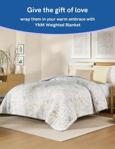 Vista 4 de YnM Manta con Peso de Lino Tamaño King para Adultos (88x104 Pulgadas, 20 Libras, Jungle Bloom), Compartimentos Más Pequeños Exclusivos, Manta
