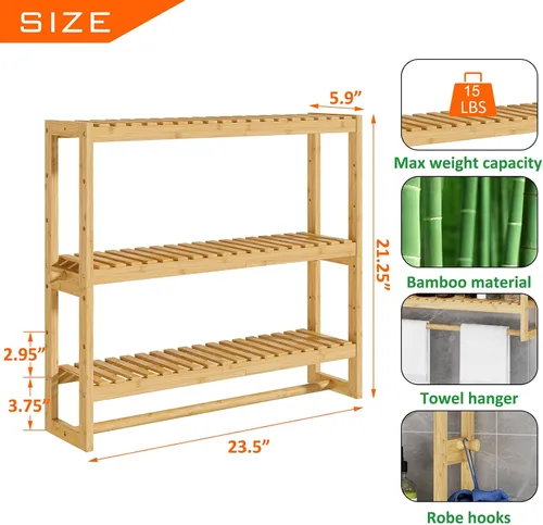 Vista 3 de RRX - Estante organizador de almacenamiento para baño, estante ajustable de 3 niveles, color beige Organizador de bambú para almacenamiento sobre