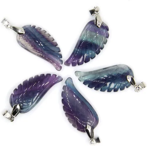 Vista 4 de Collares con colgante de ala de ángel tallada a mano con fluorita arcoíris natural, 18 pulgadas