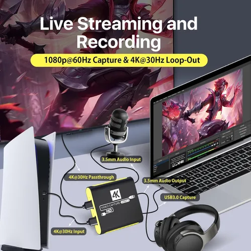 Vista 3 de USB 3.0 HDMI Video Capture Card for Switch 2 PS5 Xbox 1080P 60FPS Streaming Plug & Play, sin controlador, paso 4K a 30Hz, entrada de micrófono
